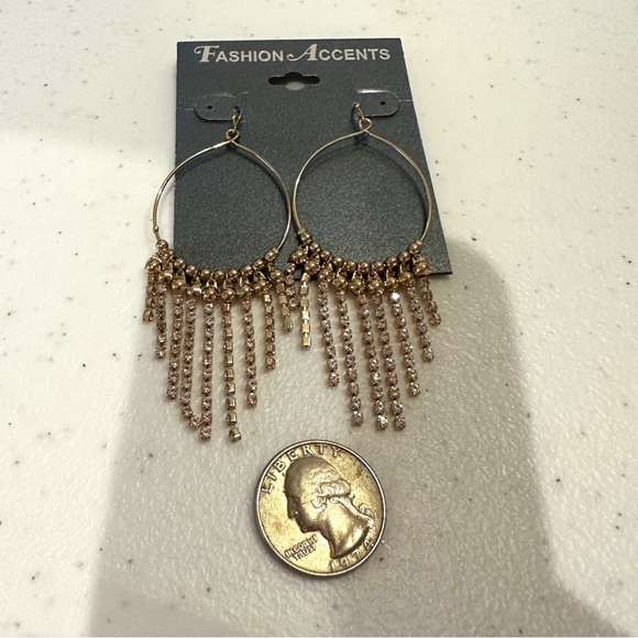 NWT Fashion Accents Earrings gold tone w/ clear rhinestone chain dangles - Picture 9 of 10